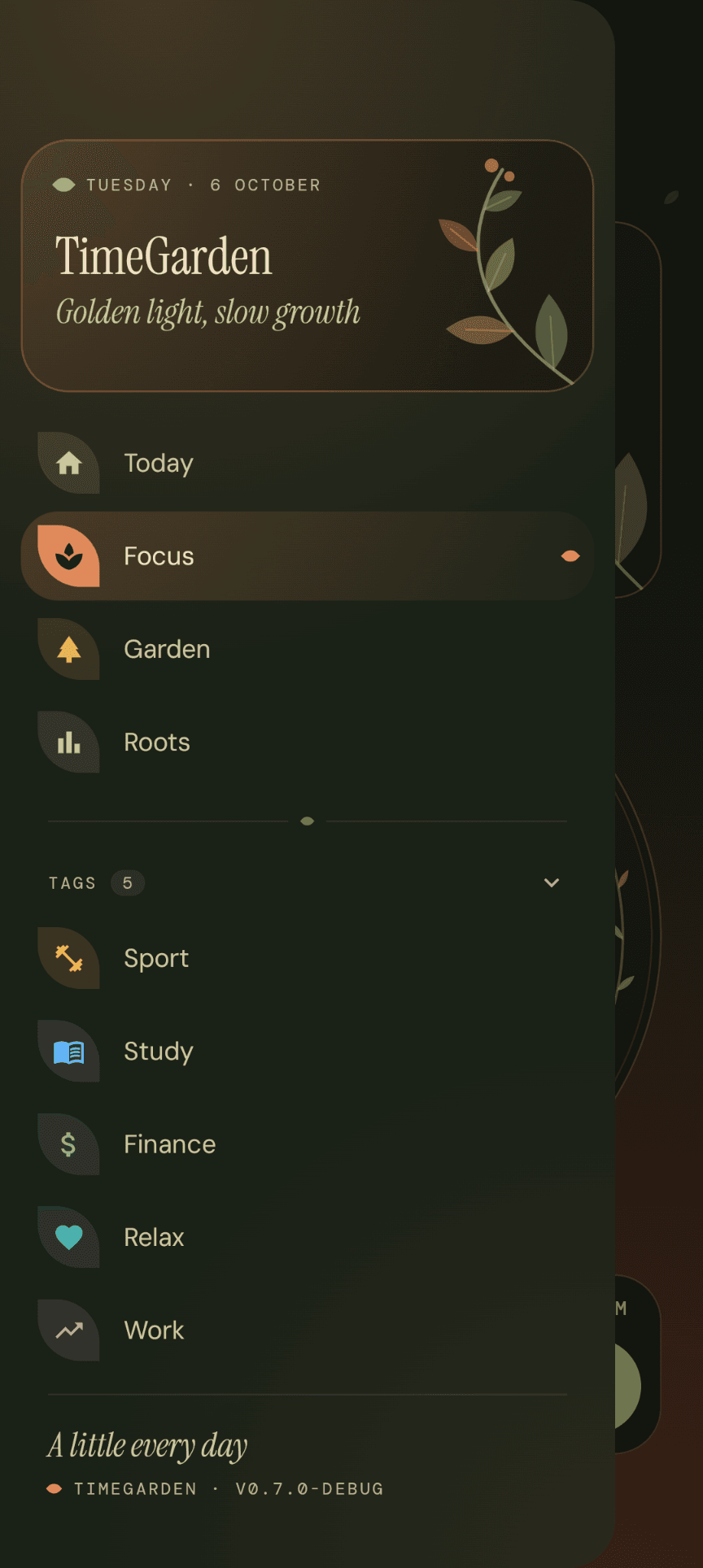 Menu boczne TimeGarden — przejścia do sekcji Dziś, Focus, Ogród i Korzenie oraz lista tagów użytkownika.